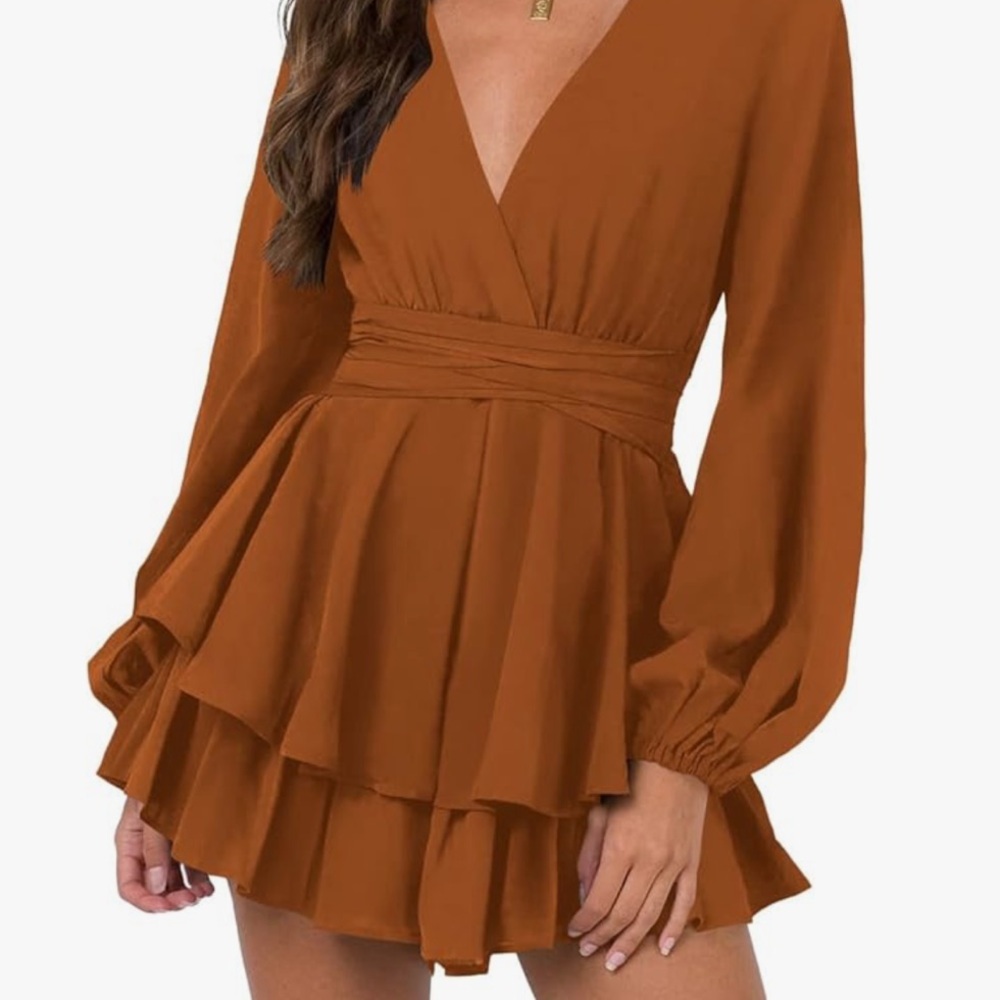 Elegant Brown Long Sleeve Deep V Dress